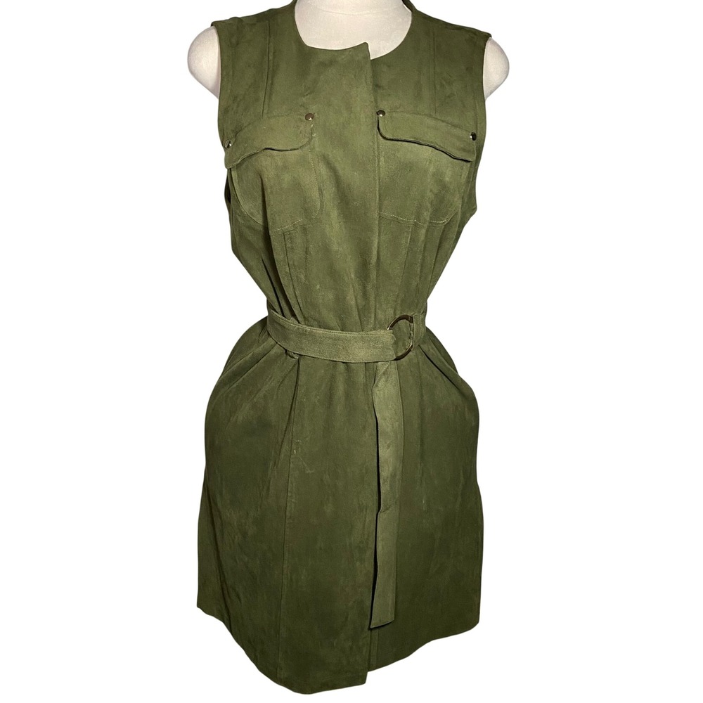 Chico's Olive Green Faux Suede Belted Trench Vest Jacket Workwear Layering - L